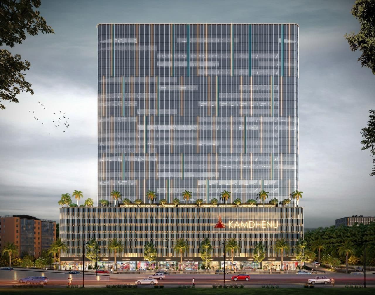 Kamdhenu Synergy Square — tower facade with signage
